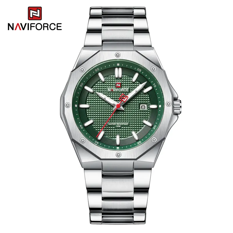 NaviForce 9200 Silver Stainless Steel Band Green Dial Gent’s Classic Watch