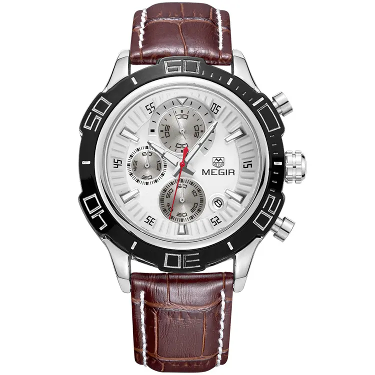 MEGIR 2019 Chronograph Leather Band Quartz Mens Wris Watch