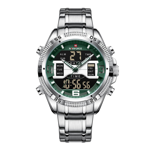 NaviForce 9201 Silver Chain Luminous Dual Display Men's Watch