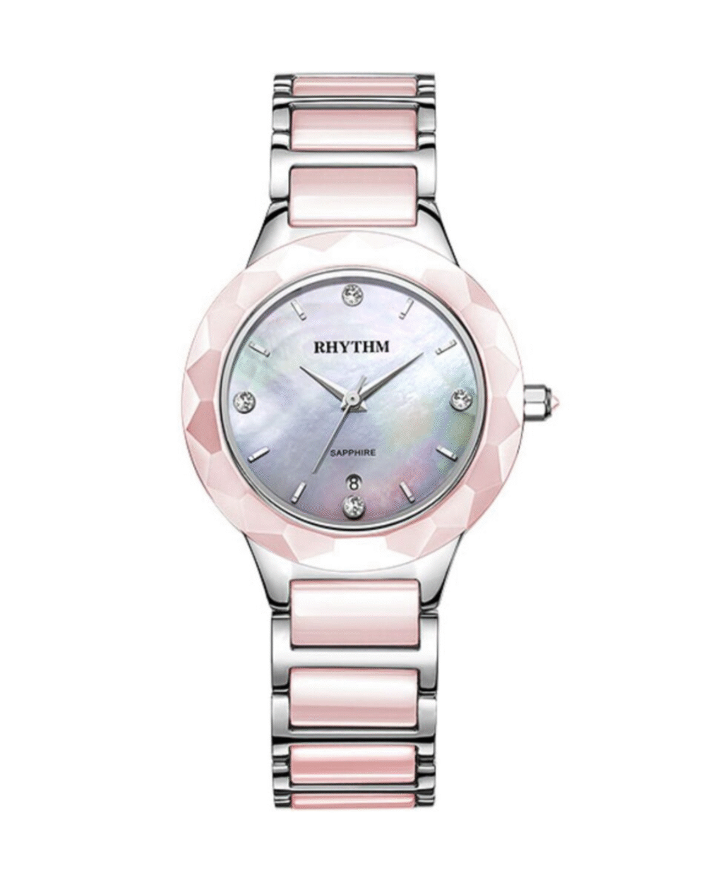 Rhythm F1206T03 Women’s Quartz Watch with Pearl Dial and Crystal Accents