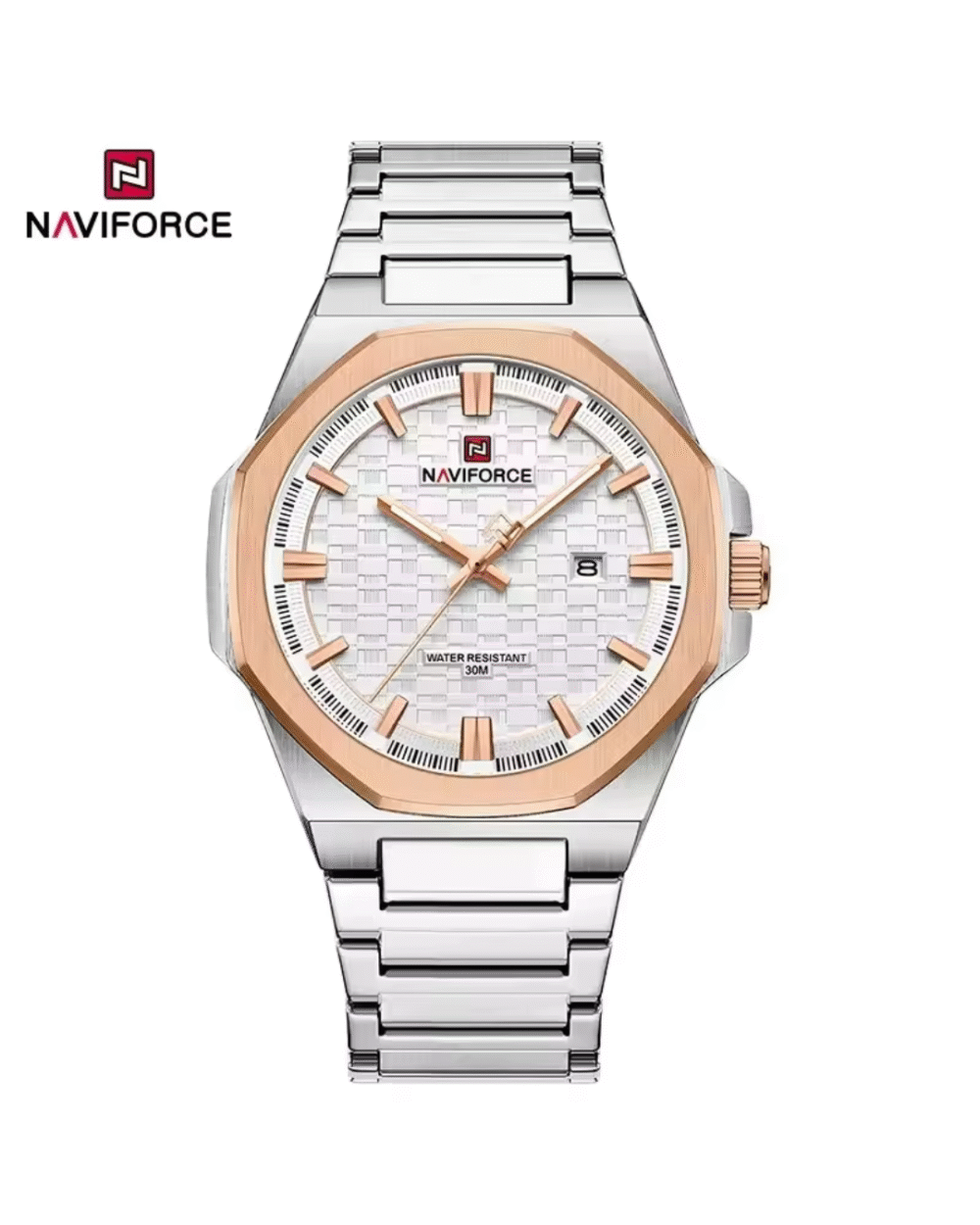 Naviforce NF9245 Silver Rose Gold Men’s Chronograph Watch White Dial